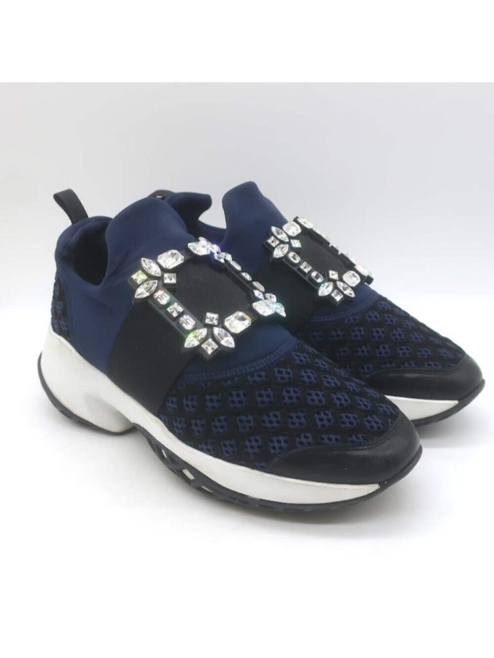 Roger Vivier Viv' Run Crystal-Buckle Sneakers Navy/Black Mesh & Neoprene Size 37